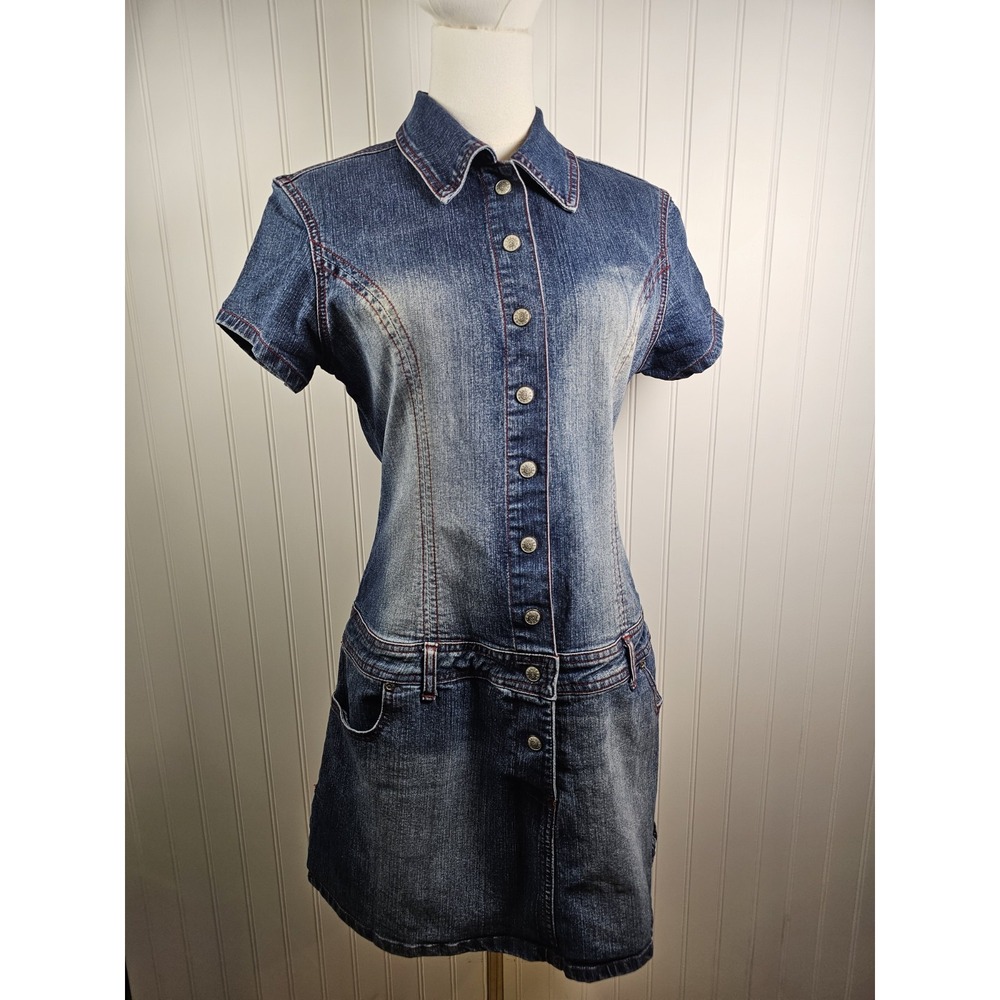 Neeso Jeans Y2K Denim Jean Dress Women's L Stretch Snap Front